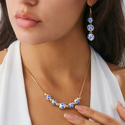 Blue And White Porcelain Round Beads Tassel Necklace Simple All-match Flower Earrings - Evans creations LLC