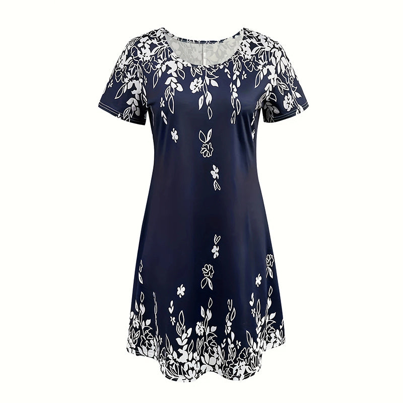Women's Summer Boho Dress Vintage Floral Print Short Sleeve T-Shirt Sundress Beach Casual Dress - Evans creations LLC