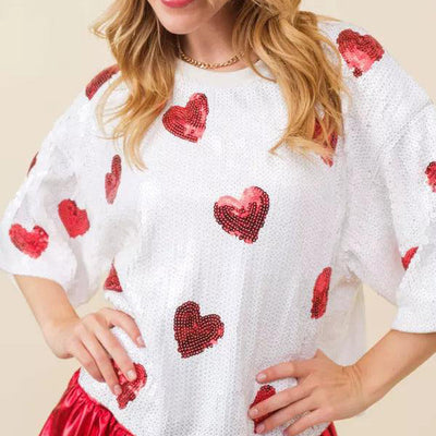 European And American Round Neck Sequins Shirt Christmas Heavy Industry Sequin Half Sleeve T-shirt - Evans creations LLC