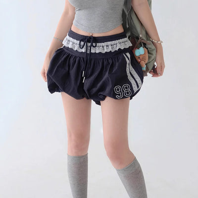 Lace Edge Elastic Waistband Lace-up Loose Shorts For Women - Evans creations LLC