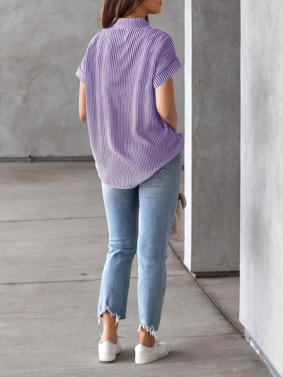 Elegant Plus Size Striped Blouse With Pocket - Casual Short Sleeve, Button-Up Collared Shirt For Women - Evans creations LLC