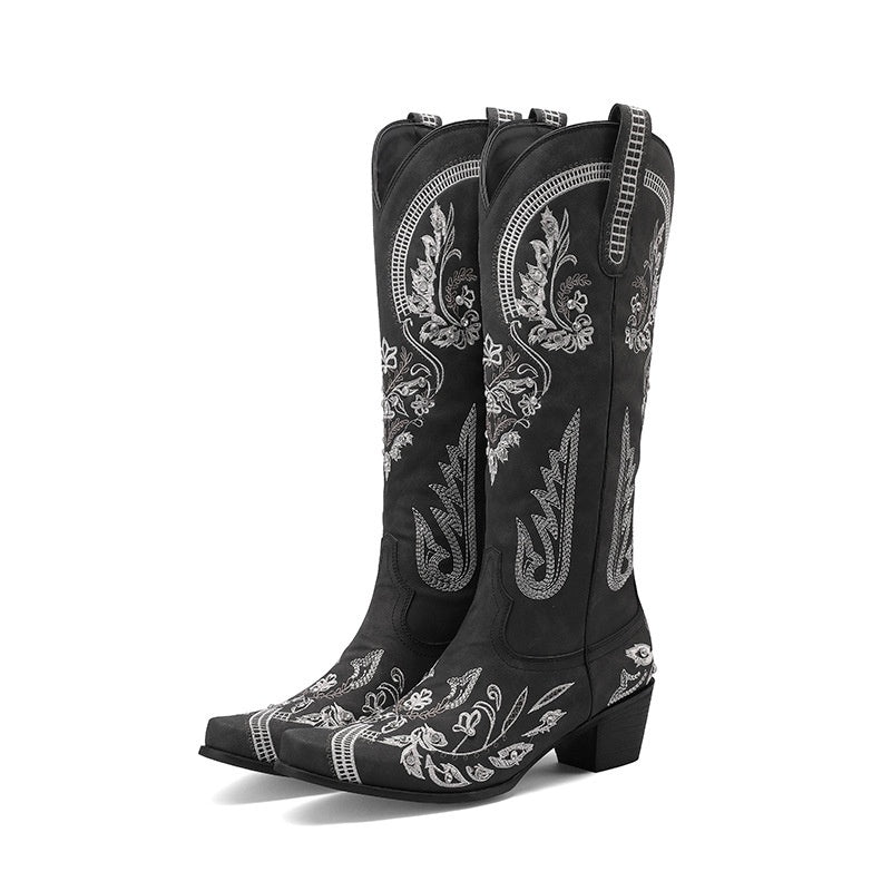 Embroidered Rhinestone Thick High Heel Side Zipper High-top Boots - Evans creations LLC