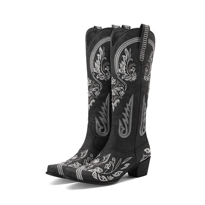 Embroidered Rhinestone Thick High Heel Side Zipper High-top Boots - Evans creations LLC