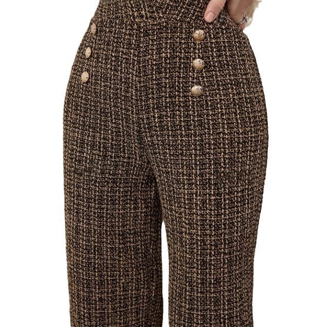 Versatile Classic Style Plaid Double-breasted Tweed High Waist Slimming Wide-leg Pants - Evans creations LLC