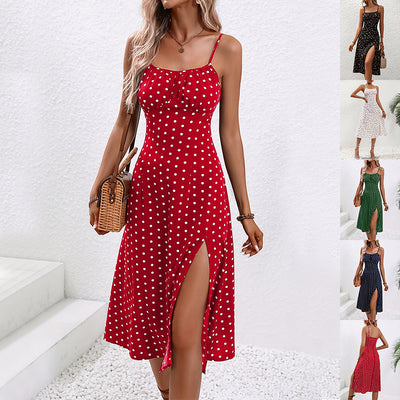 New Polka Dot Print Suspender Dress Summer Sexy Split Long Dresses For Womens Clothing - Evans creations LLC
