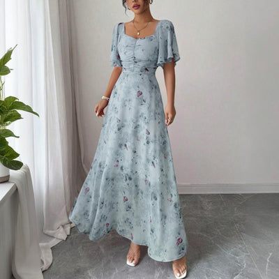 Women's Solid Color Square Neck Short Sleeve Butterfly Print Flowy Dress A-Line Summer Vacation Maxi Dress - Evans creations LLC