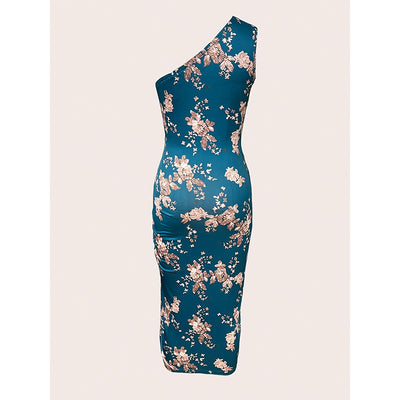 Women's One Shoulder Bodycon Dresses Summer 2025 Ruched High Split Floral Beach Cocktail Wedding Guest Dress - Evans creations LLC