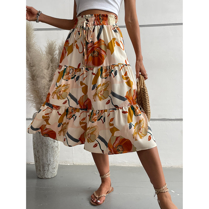 Women's Floral Tiered Midi Skirt Elastic Waist Dressy Casual A-line Flowy Boho Skirts - Evans creations LLC