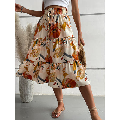 Women's Floral Tiered Midi Skirt Elastic Waist Dressy Casual A-line Flowy Boho Skirts - Evans creations LLC