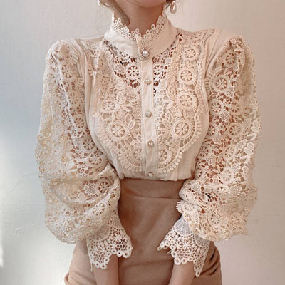 Design Palace Style Blouse Lace Stand-up Collar Long-sleeved Shirt Women - Evans creations LLC