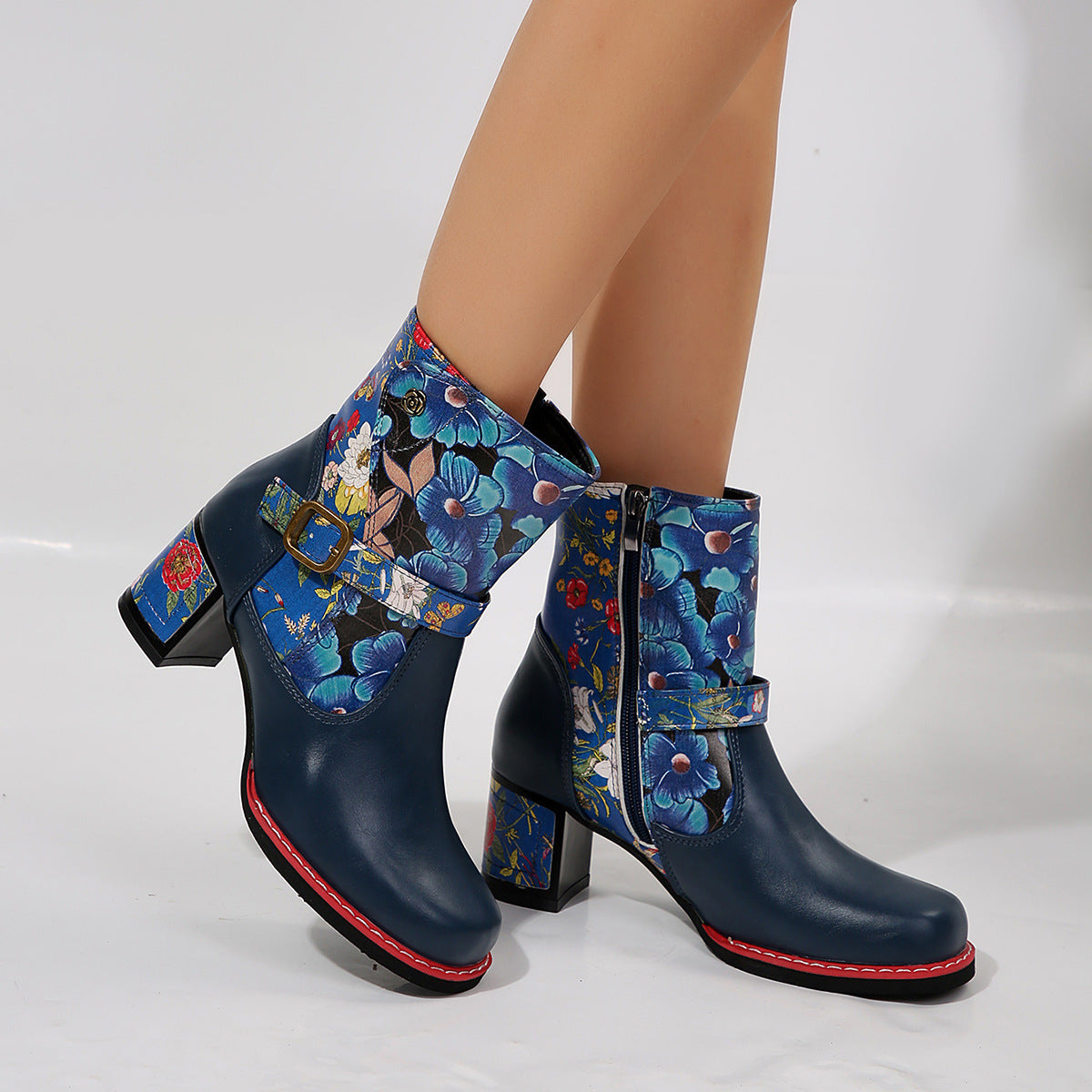 Women's Printed Stitching Round Head Thick Bottom Bootie - Evans creations LLC