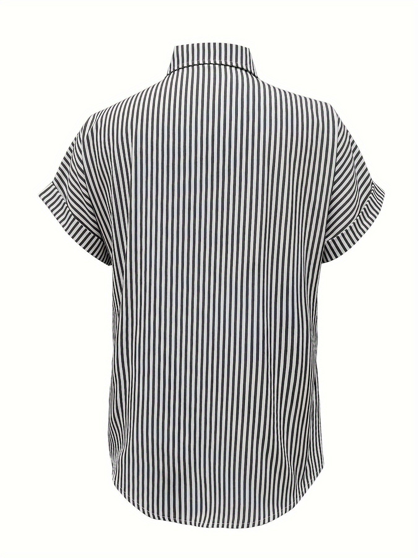 Elegant Plus Size Striped Blouse With Pocket - Casual Short Sleeve, Button-Up Collared Shirt For Women - Evans creations LLC