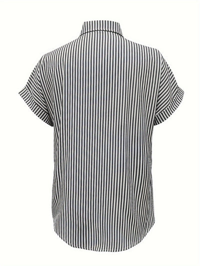 Elegant Plus Size Striped Blouse With Pocket - Casual Short Sleeve, Button-Up Collared Shirt For Women - Evans creations LLC