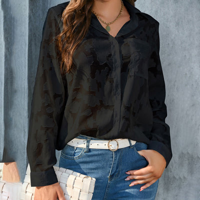 Womens Casual Sheer Button Down Shirts Long Sleeve V Neck Jacquard Blouses Tops - Evans creations LLC