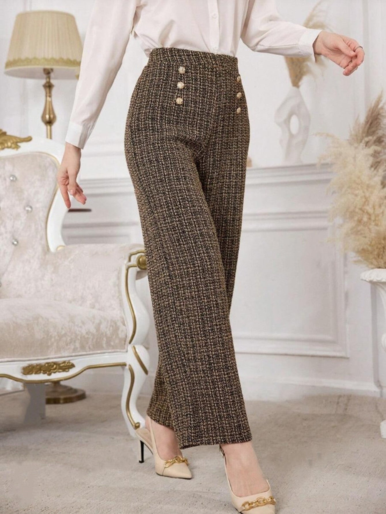 Versatile Classic Style Plaid Double-breasted Tweed High Waist Slimming Wide-leg Pants - Evans creations LLC