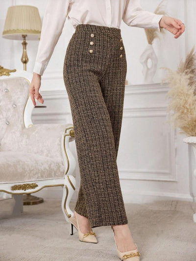 Versatile Classic Style Plaid Double-breasted Tweed High Waist Slimming Wide-leg Pants - Evans creations LLC