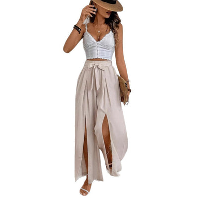 High Waist Wide Leg Women's Fashion Loose Lace-up Slit Casual Pants - Evans creations LLC