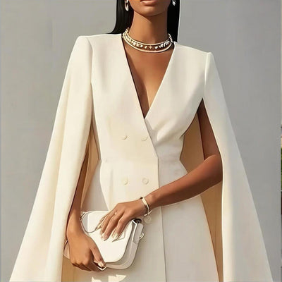 Women's Elegant Solid Color V Neck Double-Breasted Cape Blazer Dress Spring & Summer Party Banquet Outfit - Evans creations LLC