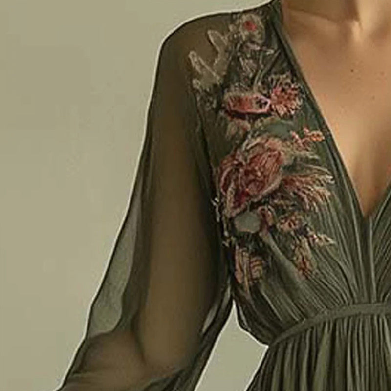 Women's Elegant V-Neck Green Floral Print A-Line Maxi Semi-Sheer Long Sleeve Spring&Summer Dress - Evans creations LLC