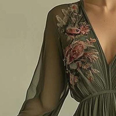 Women's Elegant V-Neck Green Floral Print A-Line Maxi Semi-Sheer Long Sleeve Spring&Summer Dress - Evans creations LLC