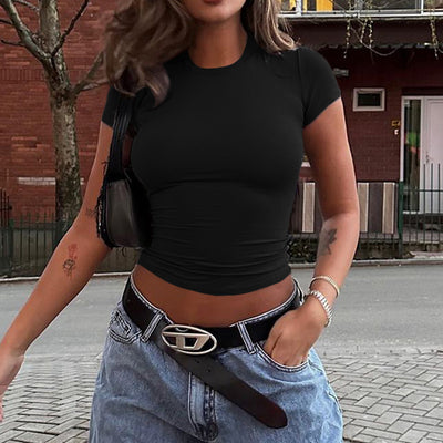 Spring And Summer Solid Color Top Waist Trimming Short Slim Fit Midriff-baring T-shirt - Evans creations LLC