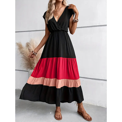Women's Color Block Maxi Dresses V Neck Sleeveless Tiered Casual Dresses Loose Sundress - Evans creations LLC