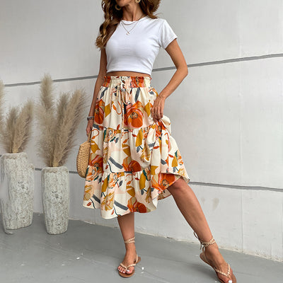 Women's Floral Tiered Midi Skirt Elastic Waist Dressy Casual A-line Flowy Boho Skirts - Evans creations LLC