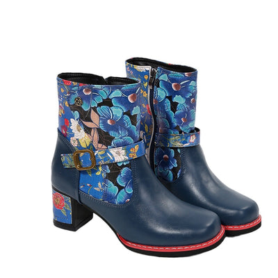Women's Printed Stitching Round Head Thick Bottom Bootie - Evans creations LLC