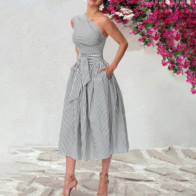 Women's Summer One Shoulder Striped Midi Dress Elegant Tie Waist Bodycon Dresses With Pockets - Evans creations LLC