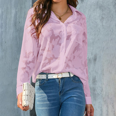 Womens Casual Sheer Button Down Shirts Long Sleeve V Neck Jacquard Blouses Tops - Evans creations LLC