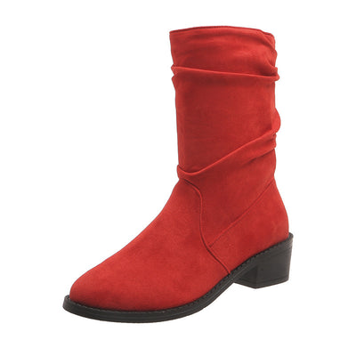 Large Size Thick Heel Pointed Toe Mid-calf Smoke Pipe Boots For Women - Evans creations LLC