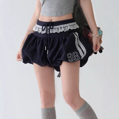 Lace Edge Elastic Waistband Lace-up Loose Shorts For Women - Evans creations LLC