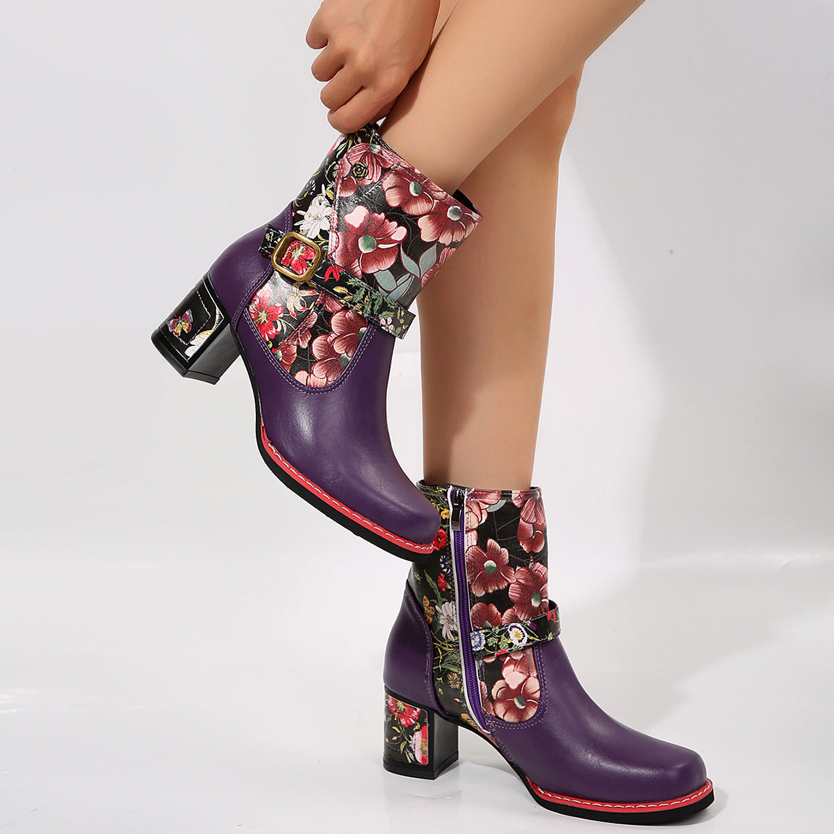Women's Printed Stitching Round Head Thick Bottom Bootie - Evans creations LLC