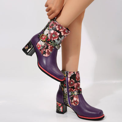 Women's Printed Stitching Round Head Thick Bottom Bootie - Evans creations LLC
