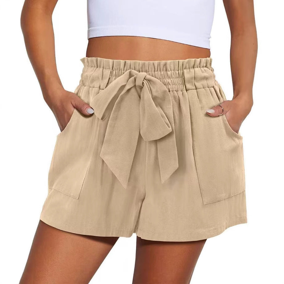 Summer New Elastic Waist Drawstring Knotted Short Solid Color Casual Women - Evans creations LLC