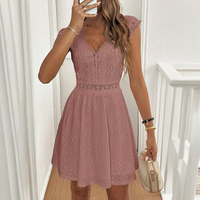 Women's V-Neck Solid Color Short Sleeve Dress With Lace Trim - Summer Sexy Vacation Dress - Evans creations LLC
