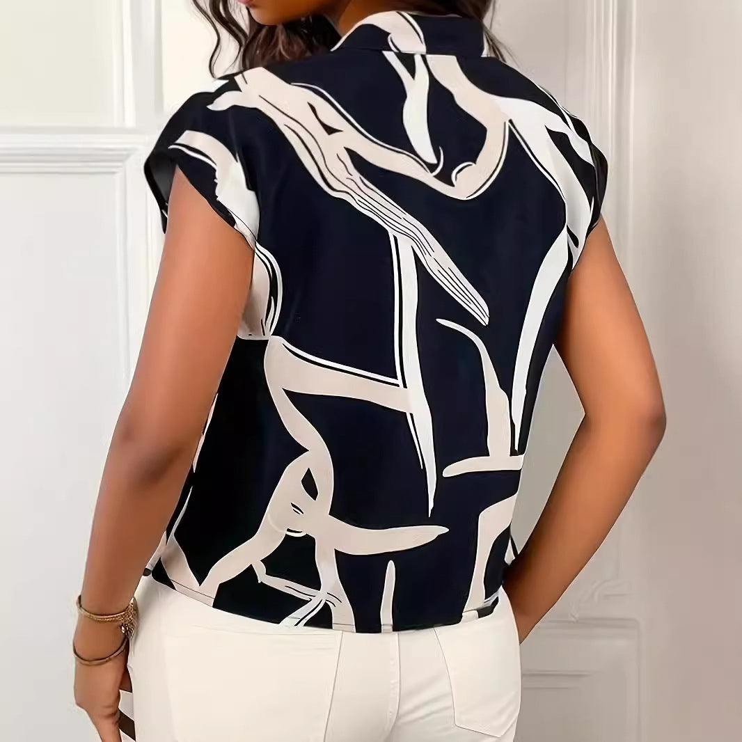 Women's Shirt Printed Lace-up Top Fashionable All-match - Evans creations LLC