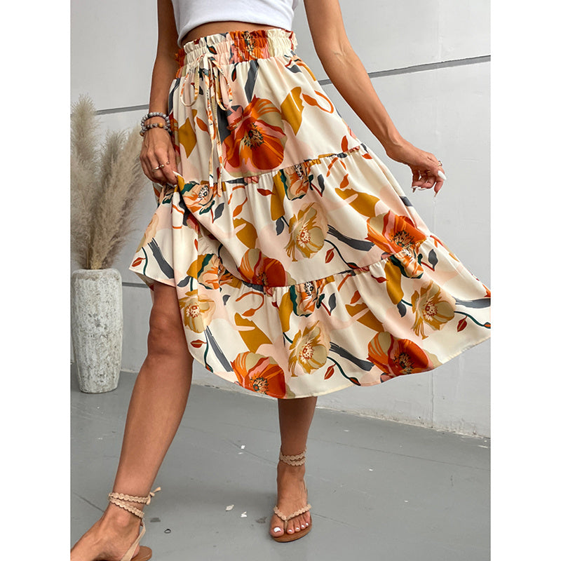 Women's Floral Tiered Midi Skirt Elastic Waist Dressy Casual A-line Flowy Boho Skirts - Evans creations LLC