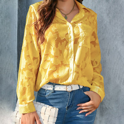 Womens Casual Sheer Button Down Shirts Long Sleeve V Neck Jacquard Blouses Tops - Evans creations LLC