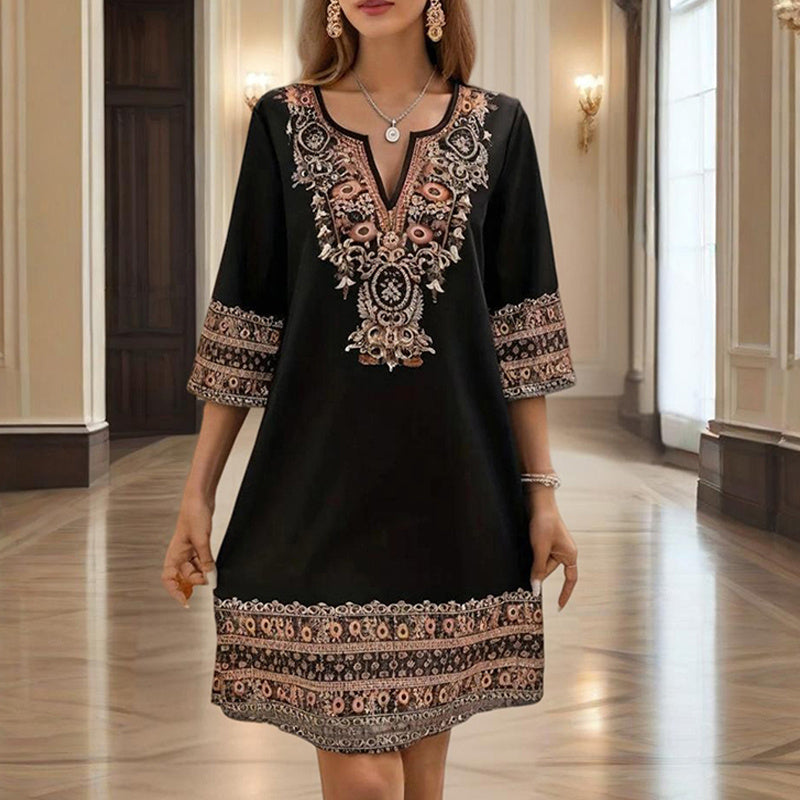 Women's V-Neck Middle Eastern Style Floral Print Midi Dress - Elegant Sleeve Design Lightweight Perfect For Spring&Summer Vacation & Daily Wear - Evans creations LLC
