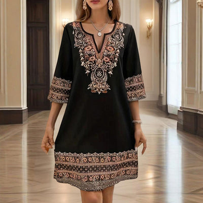 Women's V-Neck Middle Eastern Style Floral Print Midi Dress - Elegant Sleeve Design Lightweight Perfect For Spring&Summer Vacation & Daily Wear - Evans creations LLC