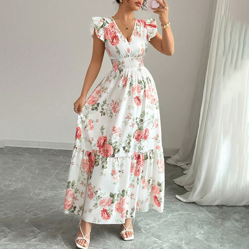 Womens Casual Summer Maxi Dress Flutter Short Sleeve V Neck Smocked A Line Flowy Beach Vacation Long Dresses - Evans creations LLC