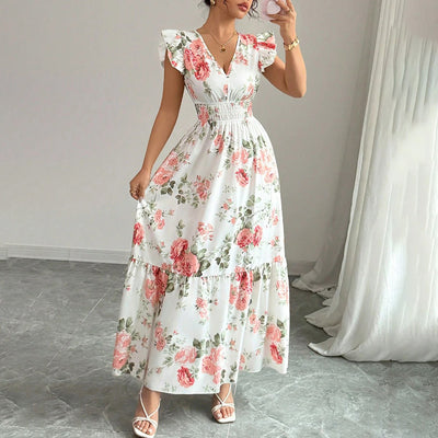 Womens Casual Summer Maxi Dress Flutter Short Sleeve V Neck Smocked A Line Flowy Beach Vacation Long Dresses - Evans creations LLC