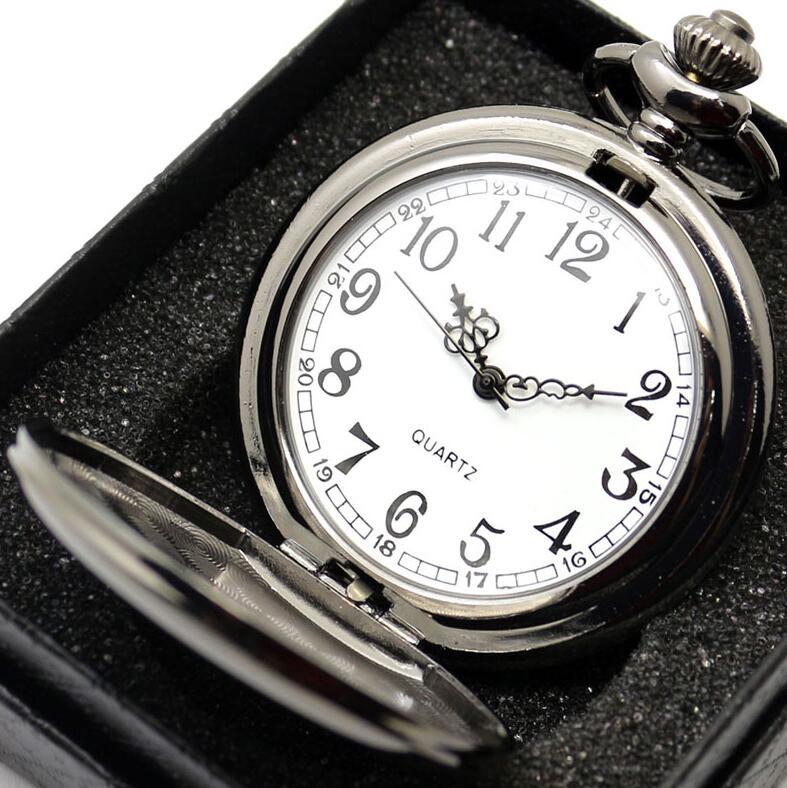 retro black fashion silver smooth steampunk quartz pocket watch stainless steel chain necklace 30 cm for men for women with gift box - Evans creations LLC
