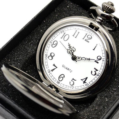 retro black fashion silver smooth steampunk quartz pocket watch stainless steel chain necklace 30 cm for men for women with gift box - Evans creations LLC