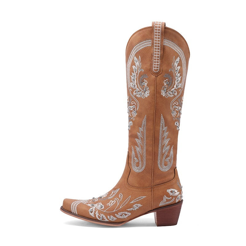 Embroidered Rhinestone Thick High Heel Side Zipper High-top Boots - Evans creations LLC