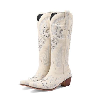 Embroidered Rhinestone Thick High Heel Side Zipper High-top Boots - Evans creations LLC