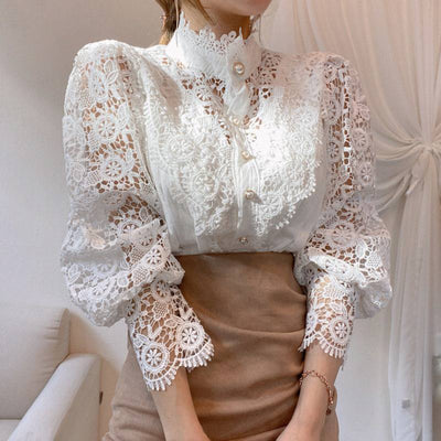 Design Palace Style Blouse Lace Stand-up Collar Long-sleeved Shirt Women - Evans creations LLC