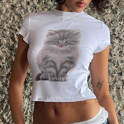 Fashion Round Neck Letter Cat Printing Short T-shirt - Evans creations LLC