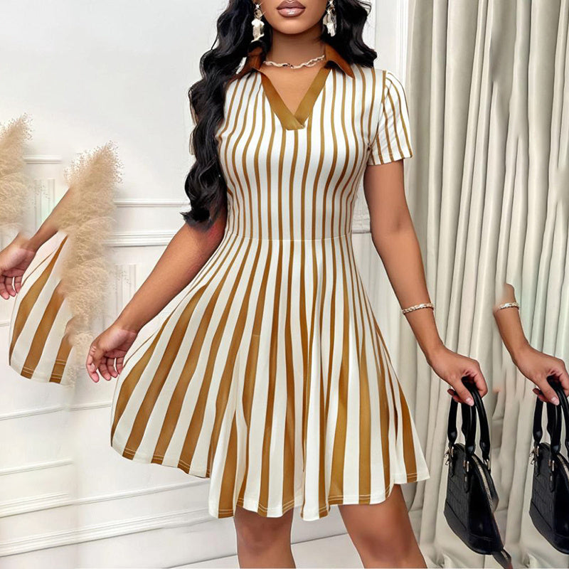 Women's Polo Dress Elegant Striped V Neck Short Sleeve A Line Dresses - Evans creations LLC
